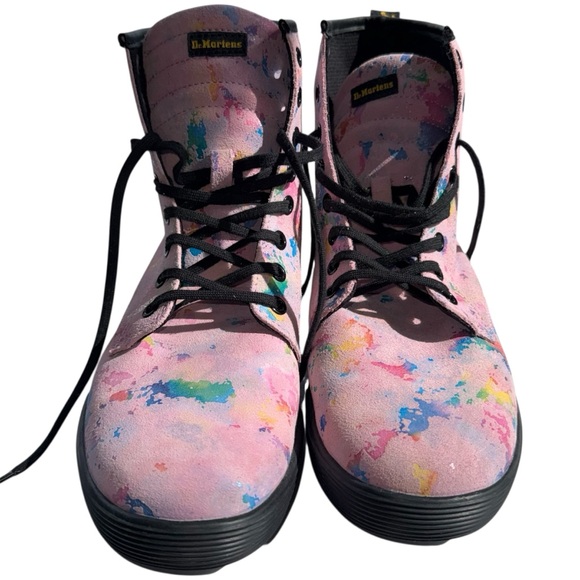 DR MARTENS Sheridan Pink Confetti Suede Lace-Up Boots Rainbow Burst - Picture 3 of 7
